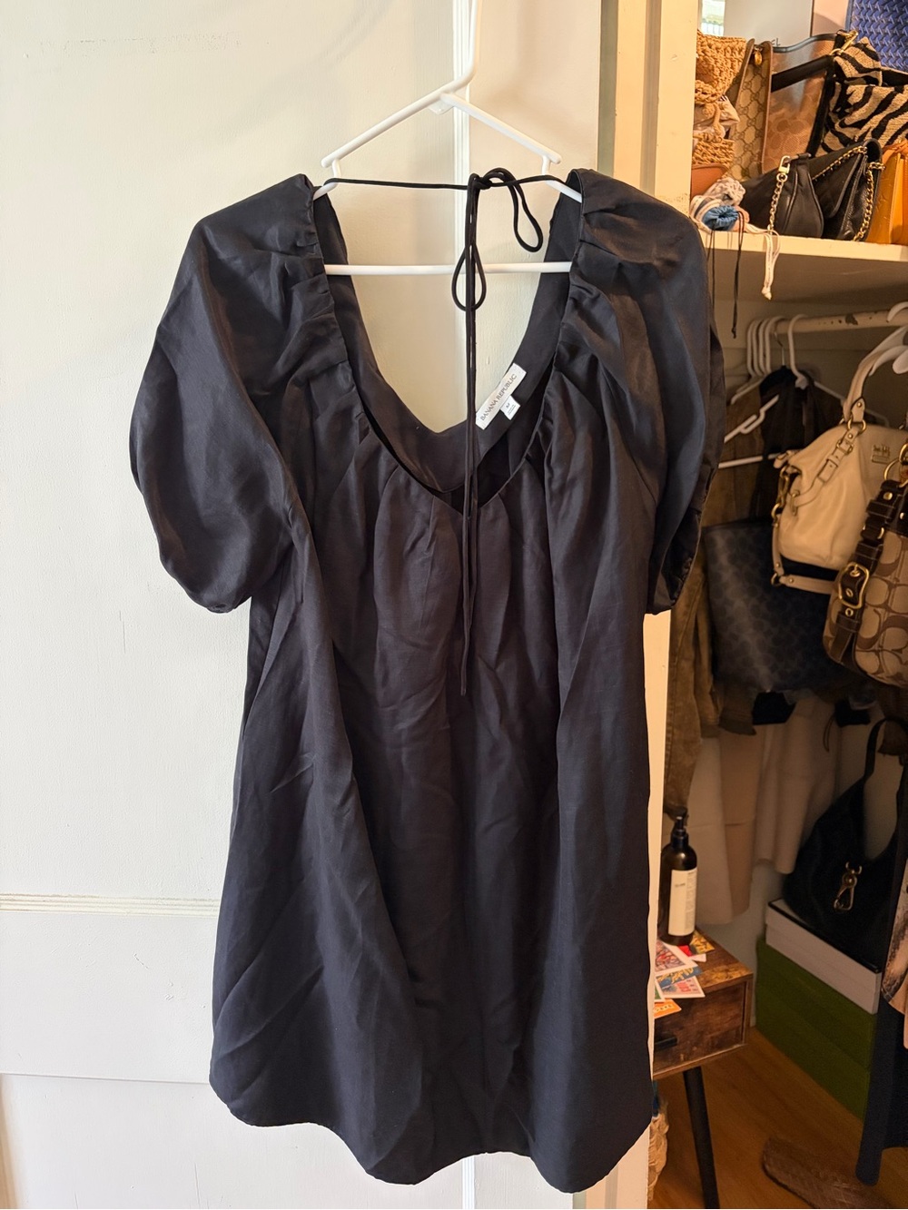 Banana Republic Black Linen Blend Puff-Sleeve V-Neck Mini Dress